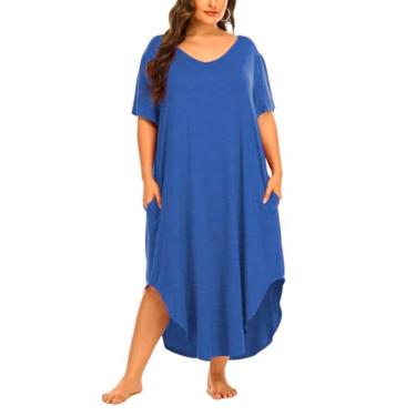 Imagem de Beocut Pijama feminino plus size, manga curta, vestido longo para dormir com bolsos, Z- Azul royal, 2X