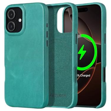 Imagem de Capa de telefone compatível com MagSafe de couro genuíno para Apple iPhone 16 Plus de 6,7 polegadas, azul marinho, para carregamento sem fio, capa protetora com forte magnetismo, botões de metal,