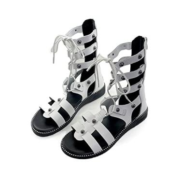 Imagem de Moda Sapatos Baixos De Dedo Do Pé Redondo para Mulheres Sandálias de Salto Quadrado para Mulheres Sapatos Femininos com Alça Cruzada Atrás com Zíper(White,41EU)
