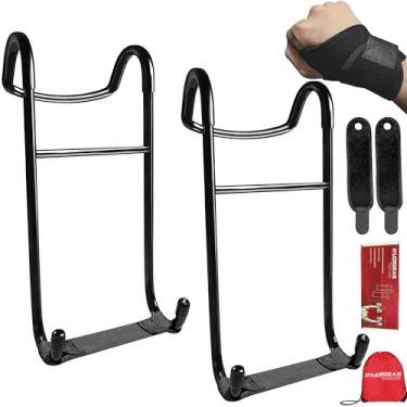 Imagem de MYUDEGEAS Pacote com 2 ganchos para halteres, ganchos para halteres com carga de 113 kg para supino, exercícios de peito e ombro com alças de pulso, bolsa de armazenamento, conector de segurança