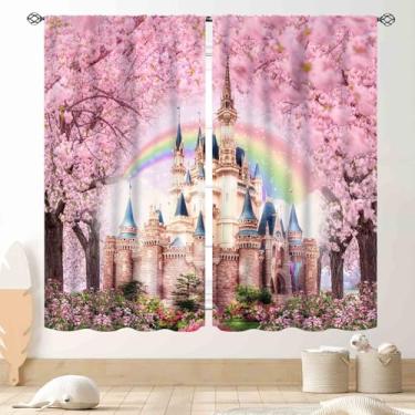 Imagem de Cortinas de princesa, castelo mágico, rosa, flor floral de cerejeira, fantasia, mundo, conto de fadas, sonhos, arco-íris, janela, tratamentos para crianças, meninas, quarto de bebê, sala de estar