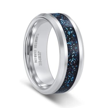 Imagem de JEWPER Anéis de tungstênio para homens 8 mm preto/prata/ouro moda promessa aliança de casamento martelada sulco meteorito orbo carboneto chanfrado borda polida ajuste confortável, 7, Metal, Sem pedra