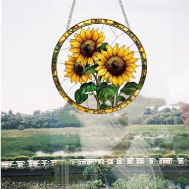 Imagem de Decoração de janela redonda estilo vitral - Design de girassol com folhas verdes - Apanhadores de sol para quarto, jardim e decoração de casa - Traz luz do sol e vitalidade