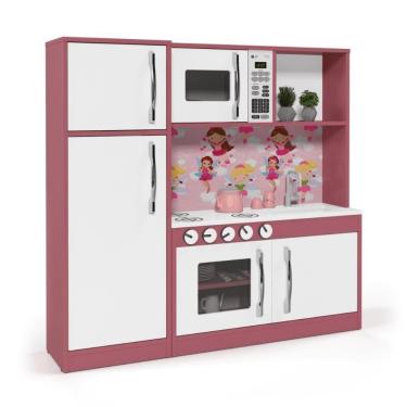 Imagem de Cozinha Infantil Completa com Microondas Forno Fogão E Refrigerador Helena Branco e Rosa