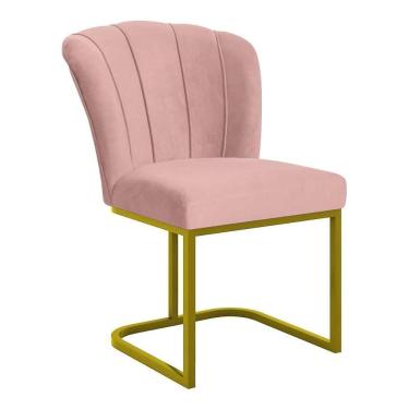 Imagem de Cadeira Poltrona Flor Pés Metal Dourado Reforçado Sala De Jantar Rosa