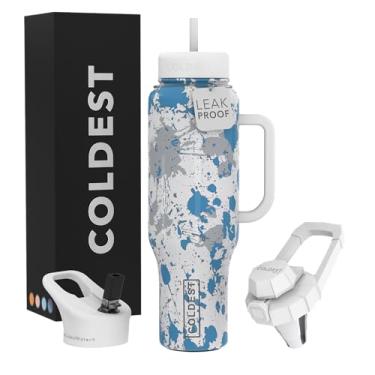 Imagem de Copo Coldest com alça e canudo - Copo isolado 100% à prova de vazamento com tampa e canudo (3 tampas) - Copos de aço inoxidável para mulheres e homens - Base compatível com porta-copos, 1,304 g (Cloud