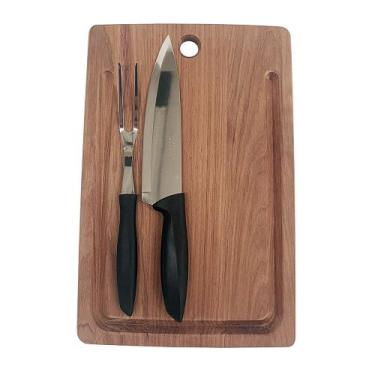 Imagem de Kit Churrasco 3 Peças Tábua Garfo e Faca em Madeira Jatobá com brancal