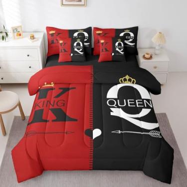 Imagem de Erosebridal Conjunto de edredom queen com coroa de rei e rainha, preto e vermelho, para adultos, homens e mulheres, cama de casal em uma bolsa, presente de dia dos namorados com edredom