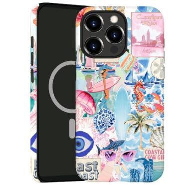 Imagem de kiritfox Capa magnética para iPhone 15 Pro, capa rígida híbrida de 2 camadas, à prova de choque para meninas e mulheres [compatível com MagSafe] - Flor de água-viva colagem da costa oeste