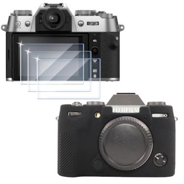 Imagem de Protetor de tela (3 + 1 pacote) compatível com Fuji Fujifilm X-T50 /XT50, filme de vidro temperado antiarranhões de alta definição e capa de silicone macio para Fujifilm X T50 (preto)