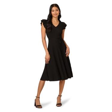 Imagem de Adrianna Papell Vestido feminino midi canelado com decote em V e mangas com babados duplos, Preto, P