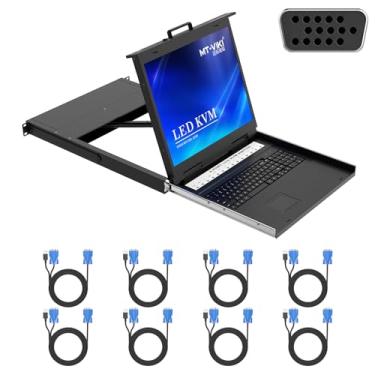 Imagem de MT-VIKI Console de rack KVM com monitor LCD de 48 cm, switch VGA KVM de 8 portas com monitor de teclado touchpad, adequado para rack de 1U de 48 cm, OSD/teclas de atalho/botão 【com cabo de 8 KVM】