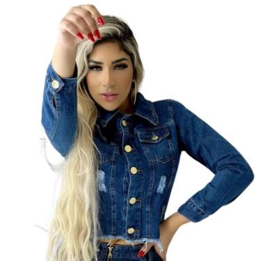 Imagem de Jaqueta Jeans Feminina Azul Escuro com Botão Dourado Modela a Silhueta