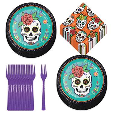 Imagem de Pratos de jantar, guardanapos e garfos de papel Dia dos Mortos Dia dos Mortos para festa de Halloween (serve 16)