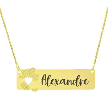 Imagem de Colar Personalizado Ursinho Coração Vazado Gravação Alexandre Banhado Ouro 18K - 999012154