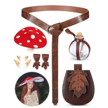Imagem de Seenelling 8 peças femininas acessórios renascentistas chapéu de cogumelo cinto viking medieval bolsa de folhas orelhas de elfo poção garrafas saia caminhadas (estilo impresso, marrom)