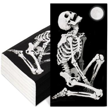 Imagem de Whaline Guardanapos descartáveis de esqueleto assustador, 50 peças, guardanapos de mão de jantar pretos para casa, cozinha, banheiro, artigos de festa, decoração