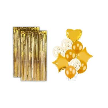 Imagem de 2 Cortinas Glitter  e 10 Balões Coração Estrela -Dourado - Partiufesta