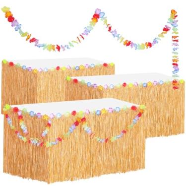 Imagem de Knitgrip 9 peças de decorações de festa Luau 108 x 75 centímetros saia de mesa havaiana saia de mesa grama luau 18,3 m faixa de guirlanda de flores de papel tropical para decoração de festa havaiana
