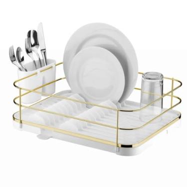 Imagem de Escorredor De Louça Talheres 12 Pratos Bandeja De Escoamento Branco Aço Dourado