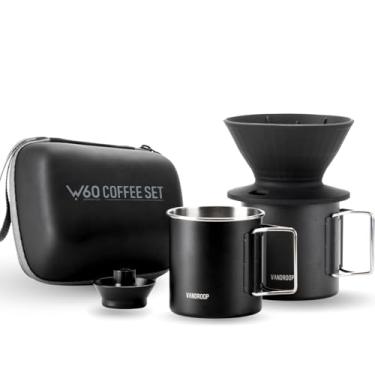 Imagem de Vandroop Conjunto de cafeteira para acampamento, conjunto de viagem V60 - gotejador de café de silicone dobrável, 2 copos portáteis de aço inoxidável, com 10 peças de filtro de papel V60 (preto, para