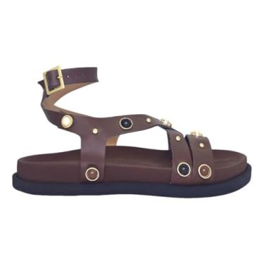 Imagem de Sandália Papete Feminina Gladiadora Suede Napa Tiras Enfeite Meia Esfera Fivela Confortável Moda (Café, BR, Adulto, Numérico, 37)