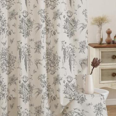 Imagem de MitoVilla Conjunto de cortina de chuveiro cinza Farmhouse, cortinas de chuveiro de algodão floral andorinha cottagecore para banheiro, decoração de banheiro com flores francesas modernas, 182 cm L x