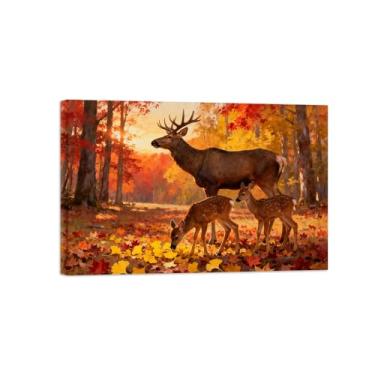 Imagem de Quadro arte parede outono-Árvore três veados Impressões em tela paisagens-Pintura animais para decoração sala estar 20x30cm Tela Embrulhada