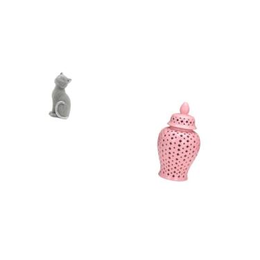 Imagem de Fenteer Estatueta de Gato de Resina E Jarra de Gengibre de Porcelana, Escultura Animal Decorativa com Tampa para Estante, Sala de Estar, Quarto, Arranjo