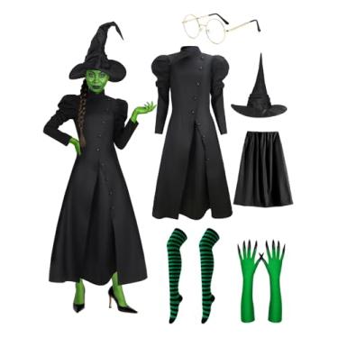 Imagem de Behufun Fantasia feminina de bruxa de Halloween - Vestido preto com chapéu de bruxa, luvas verdes para cosplay, Preto, verde., M
