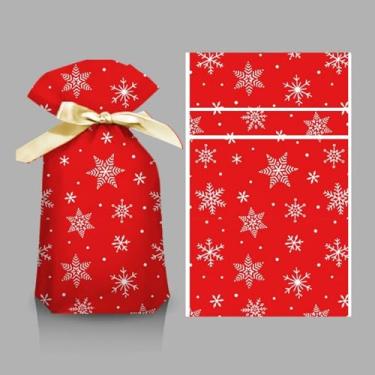 Imagem de 50 unidades de sacos de doces de Natal com fita, padrões festivos variados (rena, Papai Noel, floco de neve), sacos de embalagem para doces e biscoitos para presente de Natal e lembrancinhas de festa