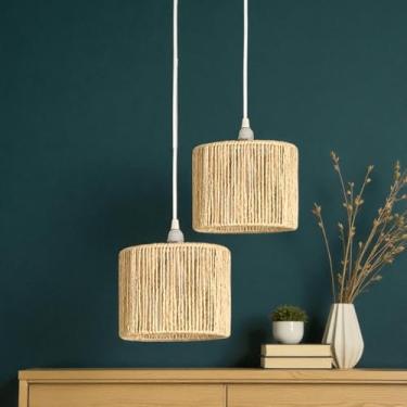 Imagem de Kit de 2 Lustre de Teto Rústico em Sisal Natural – Estrutura em Ferro, Decoração Natural 20x15cm - Com Kit de Instalação