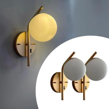 Imagem de Kit 2 Arandelas de Parede Moderna Inclinada Dourada Com Interruptor com Globo Vidro 12cm Para Decorar Casa e sala, Cama Cabeceira, Quarto, lavabo