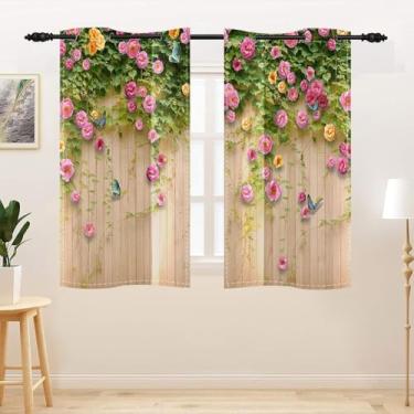 Imagem de TTQYFNM Cortinas de janela floral rosa amarela rosa flores azul borboleta rústica impressão de madeira cortinas de janela para quarto sala de estar café escurecimento ilhós tratamentos de janela