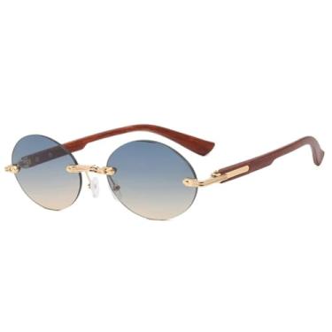 Imagem de JRLLFD Óculos de sol retrô sem aro oval feminino, moda luxo punk masculino para áreas externas feminino UV400 (marrom azul chá)
