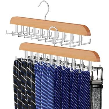 Imagem de Cabide de cinto para armário, gancho de gravata de madeira com 40 ganchos dobráveis, multifuncional, antiderrapante, de aço inoxidável, organizador de gravatas para homens (madeira, pacote com 2)
