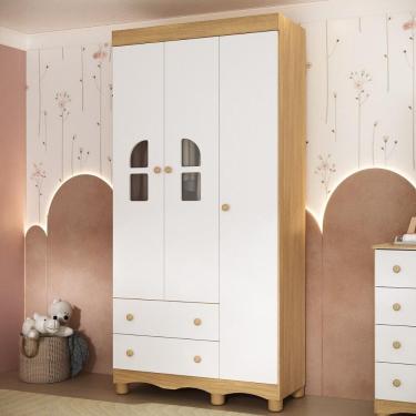 Imagem de Guarda-roupa Infantil 92cm com Vidro 3 Portas e 2 Gavetas Aurora Multimóveis MP4497