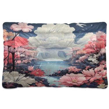 Imagem de Wassud Flower Lake Scenery Cama de cachorro com corações desenhados à mão, camas grandes para cães ao ar livre, tapete lavável para animais de estimação, cama de gato para dormir, viagens, 45 x 61 cm