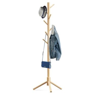 Imagem de HEIMON Mancebo Cabideiro de Chão em Bambu Premium 175cm Desmontável, com 8 Ganchos e Arara Vertical para Pendurar Casacos, Bolsas, Porta guarda-chuva (Natural)