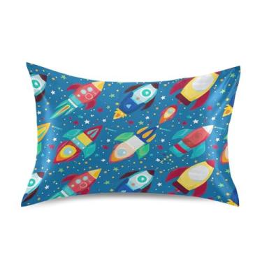 Imagem de Fronhas estampadas coloridas desenho foguete espaço azul padrão queen king size almofadas cetim refrescante conforto cama presentes design king size 101,6 cm x 50,8 cm
