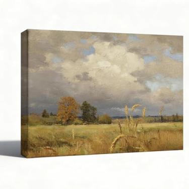Imagem de Arte de parede em tela de paisagem, pintura a óleo de campo dourado e céu grande, impressionista, pronta para pendurar, exibição de mesa, decoração de quarto de sala de estar de fazenda, 20 x 25 cm