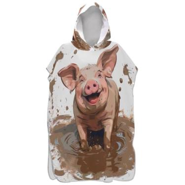 Imagem de Joisal Trocador de poncho de surfe para adultos toalhas de banho com capuz absorvente masculino poncho com capuz porquinho fofo de lama