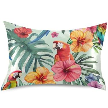 Imagem de Capas de almofada de cetim com estampa floral de papagaio tropical para resfriamento de cabelo, capas decorativas padrão King Queen, tamanho padrão, 66 x 50 cm