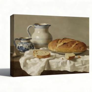 Imagem de Arte de parede em tela de cozinha, pintura rústica de pão e jarros de natureza morta, impressão clássica a óleo para despensa de sala de jantar, decoração de parede de fazenda, embrulhada para galeria