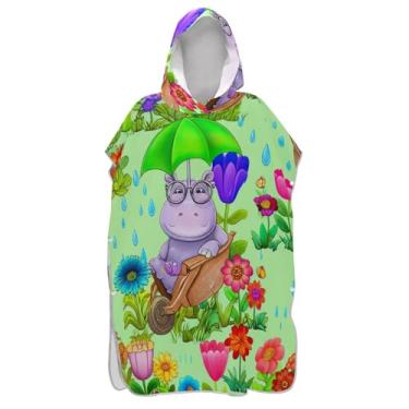 Imagem de Poncho de surfe para adultos, roupão de banho, toalhas com capuz, secagem rápida, fofo, engraçado, hipopótamo, verde, poncho masculino com capuz