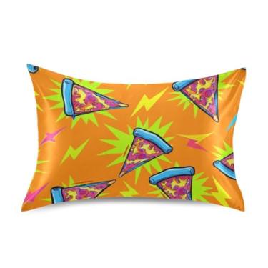 Imagem de Fronhas de cetim laranja com desenho animado pizza para resfriamento de cabelo padrão King Queen fronhas personalizadas para cama queen tamanho 76,2 cm x 50,8 cm