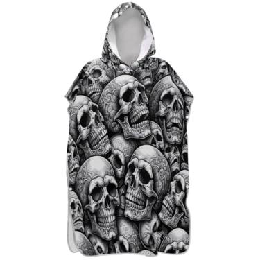 Imagem de Joisal Roupão reutilizável para troca de poncho de surfe para adultos, toalha de natação com capuz, fofo, crânio preto e branco, poncho masculino e feminino com capuz
