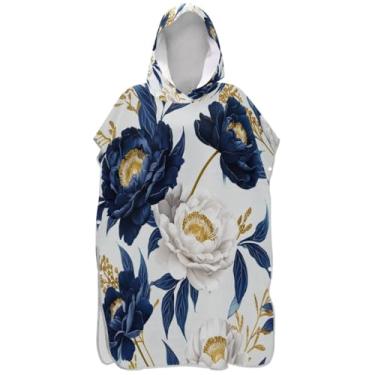Imagem de Joisal Poncho de surfe trocador de roupão para praia Adul toalha de banho com capuz absorvente vintage floral azul flor branca unissex poncho adulto com capuz