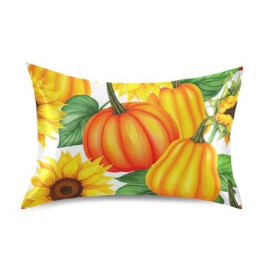 Imagem de Fronhas de cetim engraçadas refrescantes florais King Queen fronha padrão presentes modernos roupa de cama queen size 76.2 cm x 50.8 cm Abóboras Girassóis Folhas