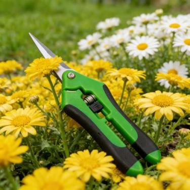 Imagem de Tesoura de jardim, tesoura de poda de jardinagem para plantas, lâminas retas de aço inoxidável, aderência confortável para aparar flores, arbustos e ramos pequenos (verde)